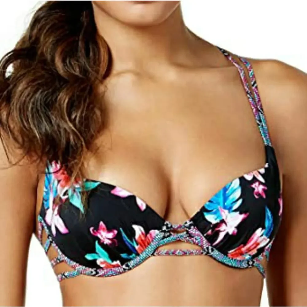 NWT Sundaze harper 2pc black pink multi floral bikini swimsuit 32 B/C LG large